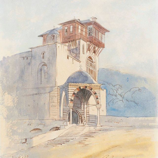 Edward Lear — Портик входа в монастырь, возможно, Ватопедский, на горе Афон