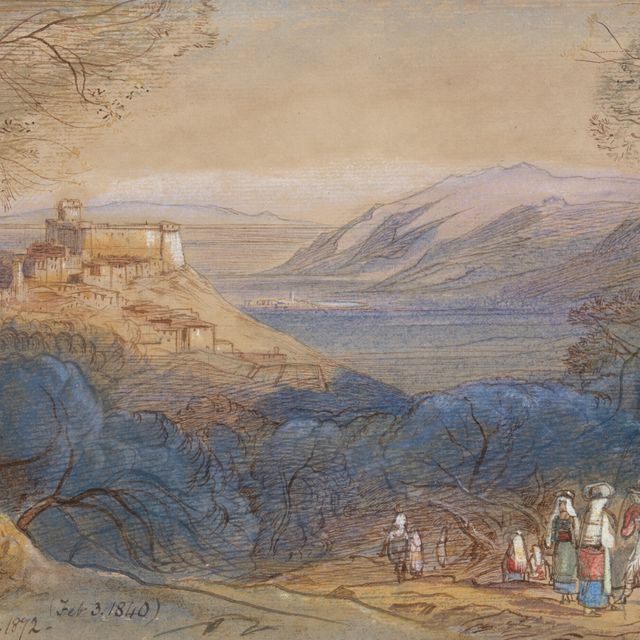 Edward Lear — Вид на замок Каэтани и расположенный на холме городок Сермонета, Лацио, Италия