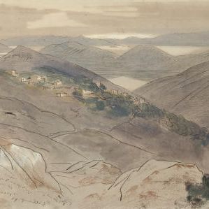 Edward Lear — Вид на Катохори, на острове Санта-Маура, с видом на залив Влихо и остров Скорпиос, с материковой частью Греции за ним, на рассвете