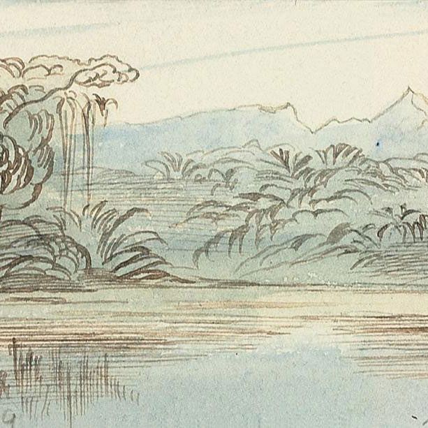 Edward Lear — Вид с железной дороги Канди на пик Адама на горизонте, Цейлон (Шри-Ланка)
