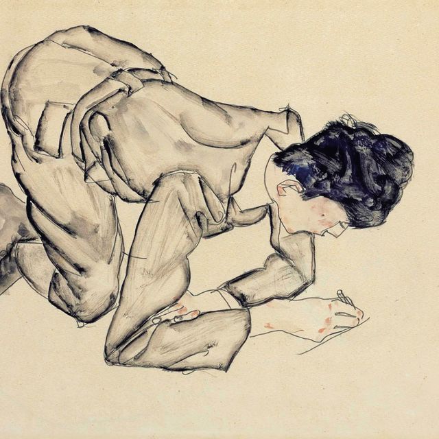 Egon Schiele — Эрих Ледерер, рисующий на полу (слева направо); Эрих Ледерер в профиль, приложив руку к голове (справа налево)