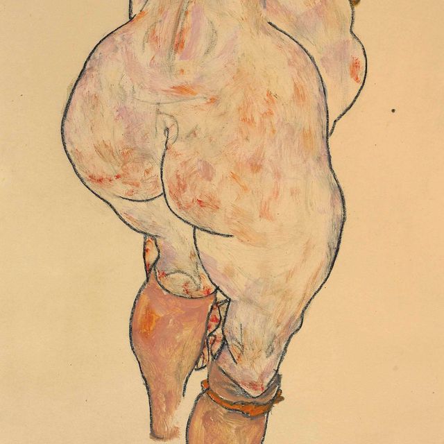 Egon Schiele — Weiblicher Rückenakt, Strümpfe anziehend (Обнаженная женщина, натягивающая чулки, вид сзади)