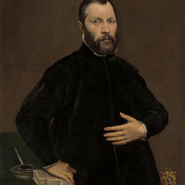 El Greco — Портрет джентльмена в полный рост, в черном, его правая рука покоится на книге