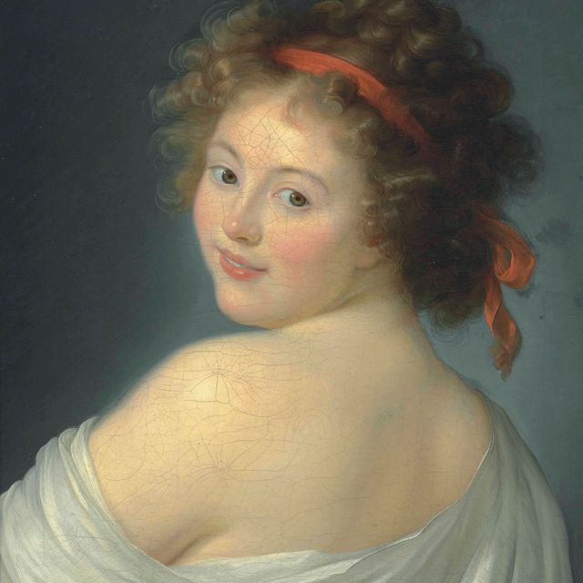 Elisabeth Louise Vigée Le Brun — Портрет женщины, которую традиционно называют графиней Потоцкой, в полный рост, в белой накидке и с красной лентой в волосах