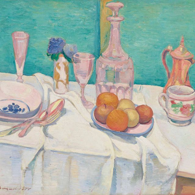 Émile Bernard — Морт природы в графине, овощи, фрукты, цветочный горшок под подгузником