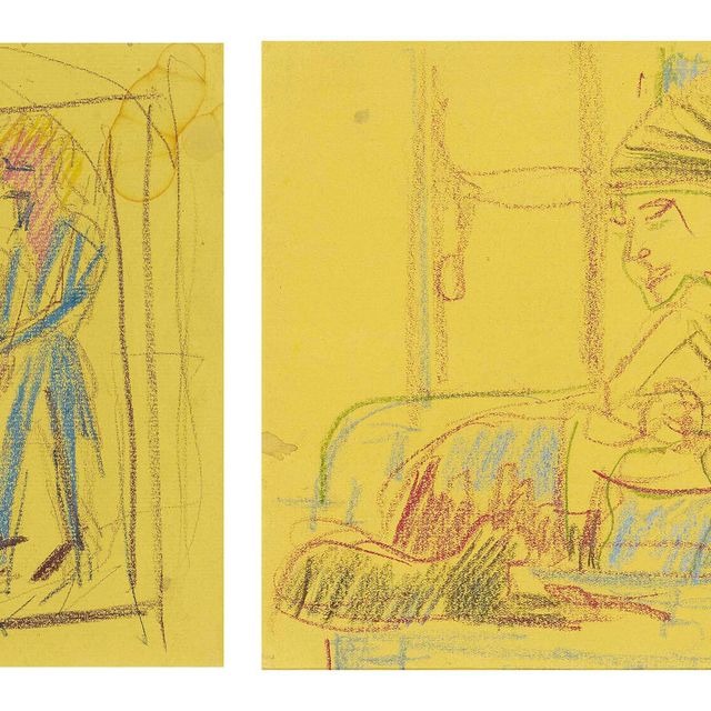 Ernst Ludwig Kirchner — подпись: Гуттен бегрюссст Зиккинген, 1923 год, оборотная сторона: "Диван для сидения", Кнабе мит Катце, 1924 год.