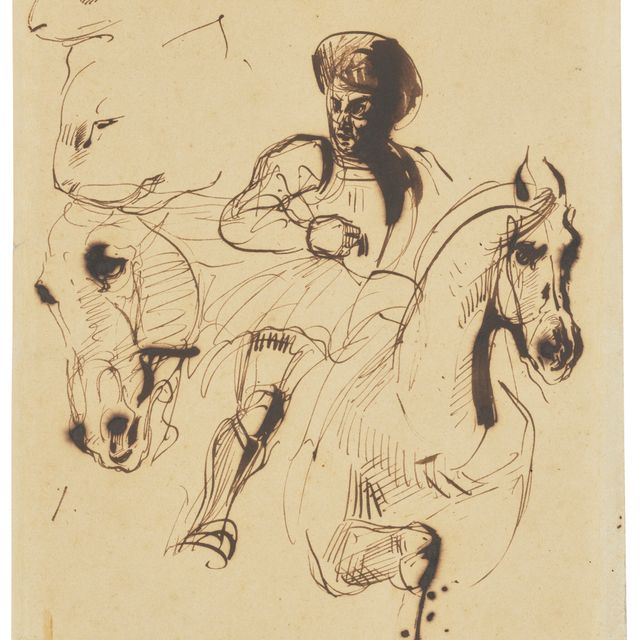 Eugène Delacroix — Мужчина в доспехах верхом на коне, с изображением головы лошади и кошачьих голов