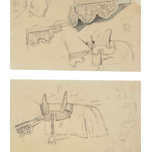 Eugène Delacroix — Изучение седел и двух голов солдат в шлемах; Изучение седла
