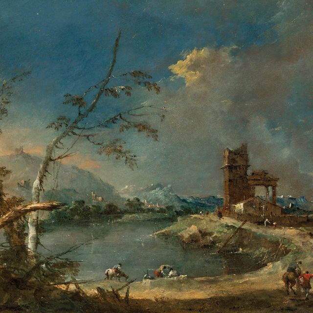 Francesco Guardi — Каприччио с изображением деревенской башни на берегу озера