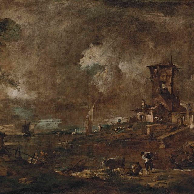 Francesco Guardi — Венецианское каприччио с деревенской башней у лагуны, фигурами крупного рогатого скота и овец, парусной лодкой и церковью за ней.