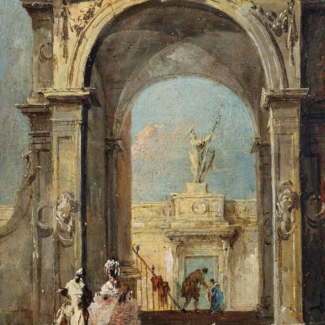 Francesco Guardi — Архитектурное каприччио с элегантно одетыми фигурами и собакой у входа во дворец