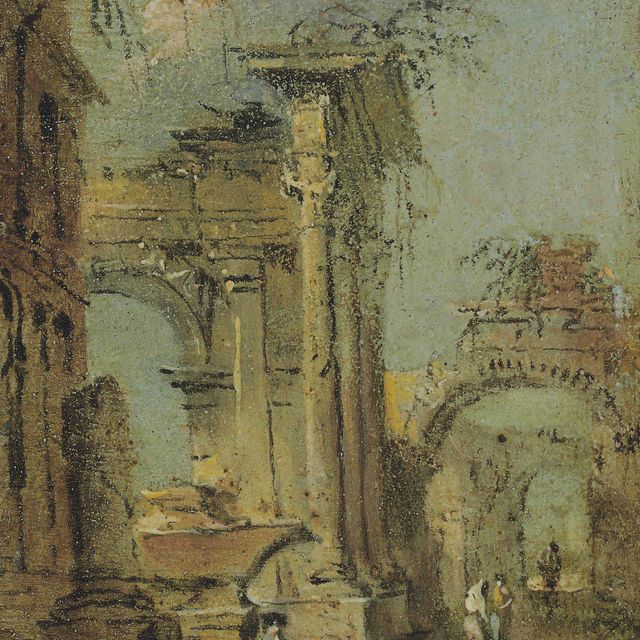 Francesco Guardi — Каприччио с архитектурными руинами, саркофагом и фигурами