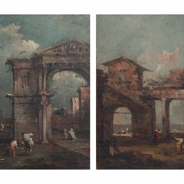 Francesco Guardi — Каприччио разрушенной классической арки с церковью вдалеке и каприччио разрушенного архитрава возле лагуны
