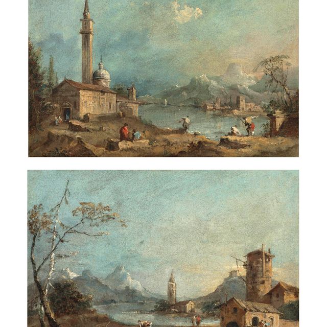 Francesco Guardi — Каприччио с церковью на берегу озера и фигурками, ловящими рыбу на берегу, на фоне гор; и каприччио с башней и зданиями на берегу озера, на фоне гор