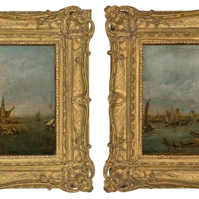 Francesco Guardi — Каприччио с разрушенной аркой, башней за ней и морским портом с лодками и небольшими суденышками, куполообразной церковью вдалеке; и Каприччио с арсеналом, несколькими корабелами, работающими на верфи, лодками и городом с башнями за ними.