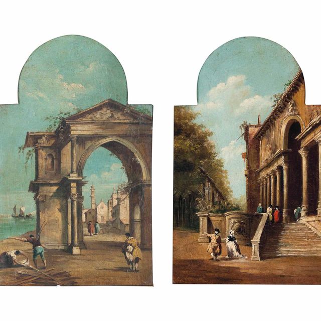 Francesco Guardi — Венецианское каприччио с фигурами, церковь за аркой и дворцовый двор с беседующими элегантными фигурами.
