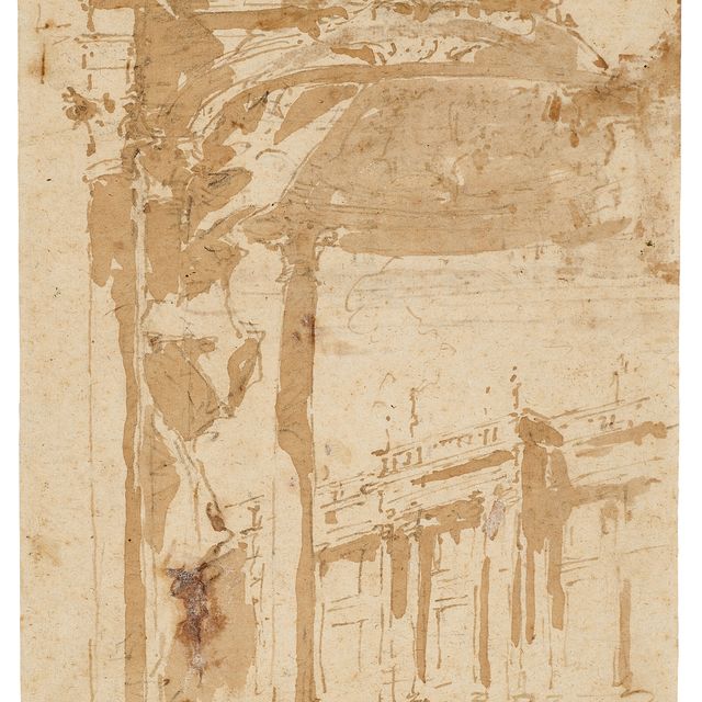 Francesco Guardi — Архитектурное каприччио с аркой и навесом (recto); Архитектурный этюд (verso)