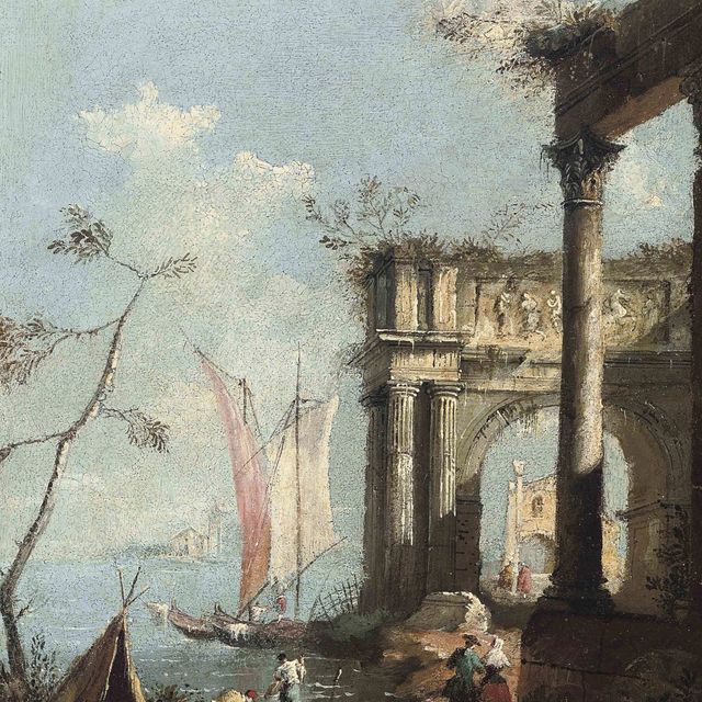 Francesco Guardi — Сцена в гавани с элегантной парой на фоне руин