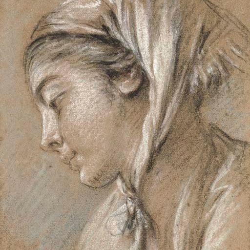 François Boucher — Голова девушки в шарфе, смотрящей вниз и влево