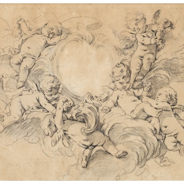 François Boucher — Путти в облаках, поддерживающий картуш с инициалами ‘AN’