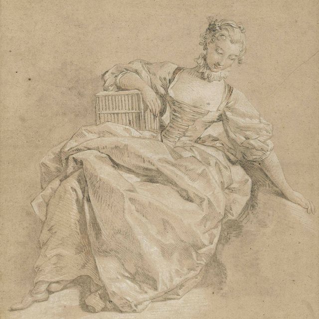 François Boucher — Сидящая молодая женщина, опирающаяся на птичью клетку