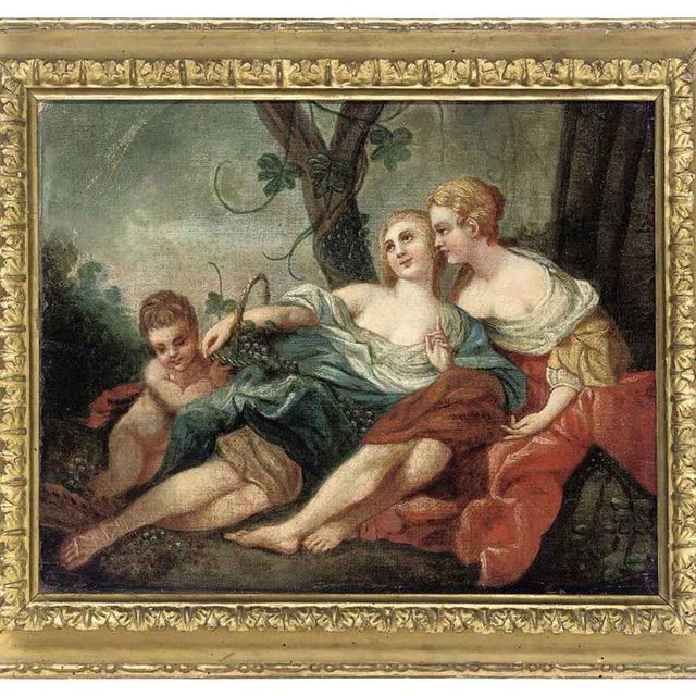 François Boucher — Две женские фигуры в классических платьях, лежащие на фоне пейзажа, и путти