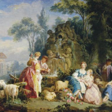 François Boucher — Лафонтен д'Амур: элегантные фигуры у фонтана на фоне пейзажа