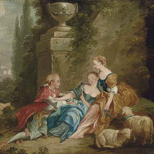 François Boucher — Элегантные фигуры у фонтана на фоне пейзажа