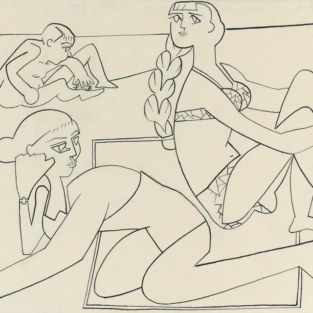 Francoise Gilot — Клод Урсен и двое персонажей на пляже для игры в гольф-Хуан