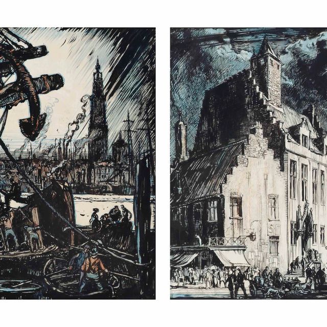 Frank Brangwyn — По ту сторону Шельды, Антверпен (иллюстрированный); и Дворец архивов, Малин