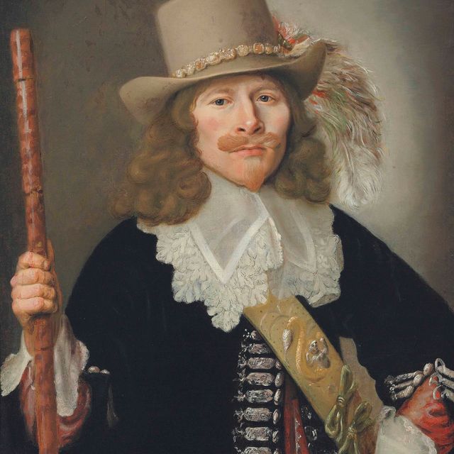 Frans Hals — Портрет мужчины в полный рост, в черном платье с вышитой отделкой, с поясом, кружевным воротником и шляпе с пером, держащего посох