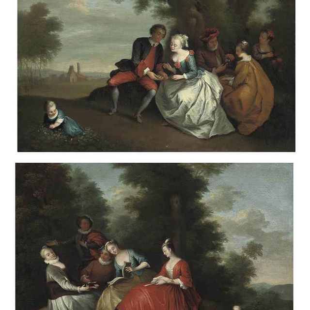 French School — Лесная поляна с фигурками, играющими музыку, и девочкой, играющей с кроликом, обширный пейзаж за ней; Лесной пейзаж с фигурками, плетущими цветочные гирлянды, и ребенком, собирающим цветы, деревня за ней.