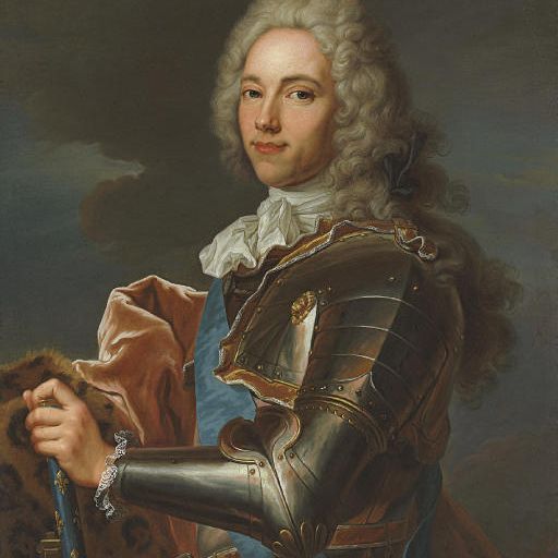 French School — Портрет герцога де Бройля (1671-1745), в полный рост, в доспехах, в мантии из леопардовой шкуры на бархатной подкладке, с орденской лентой Святого Эспри и жезлом маршала Франции в левой руке.