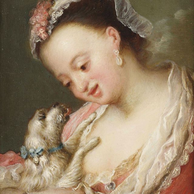 French School — Элегантная молодая девушка, длиной до груди, в розовом платье с белыми кружевами и шляпке, обнимающая собаку