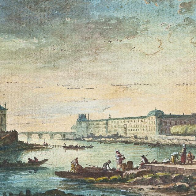 French School — Фигуры на берегах Сены, Лувр за ними (иллюстрированный), Собор Парижской Богоматери и Остров Сите