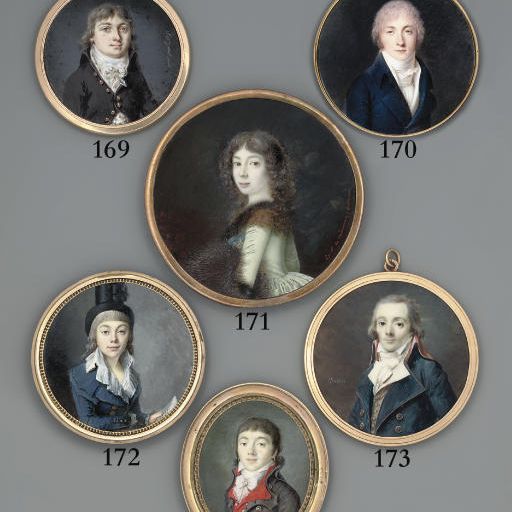 French School — Молодой человек в синем пальто с шалевым воротником, открытой белой рубашке с оборками на воротнике, в цилиндре с розеткой на напудренных волосах, держит письмо в левой руке.