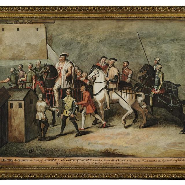 French School — Король Генрих VIII, герцог Саффолк и сэр Энтони Браун входят в замок Южного моря во время нападения французов на английский флот у Портсмута в 1545 году. Снимок взят со старинной картины Джона и Джорджа Шервинов, написанной в Каудрее в 1774 году.