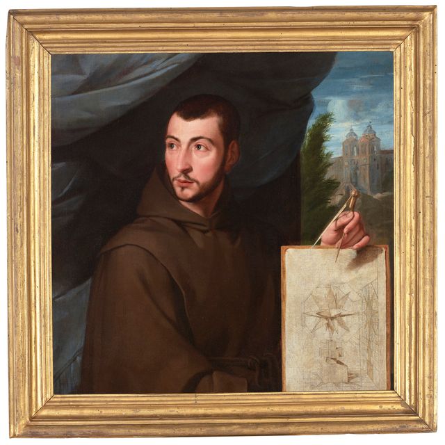 French School — Портрет Жана-Франсуа Нисерона (1613-1646), поясной, с изображением Пропозиции Тригесимы из его публикации под названием "Необычная перспектива" на фоне пейзажа с монастырем Святой Троицы деи Монти.
