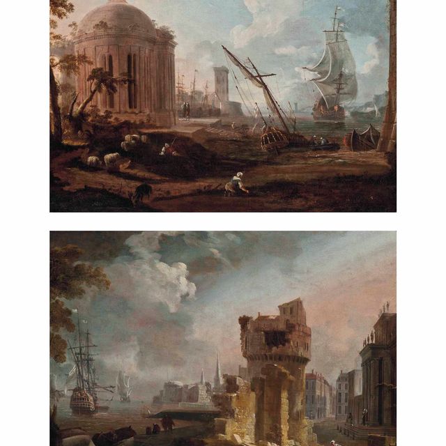 French School — Сцена средиземноморской гавани с храмом, стоящим на якоре судном и пастухом со своим стадом на берегу; и сцена Средиземноморской гавани с классическими руинами и беседующими фигурами, стоящим на якоре судном за ними.