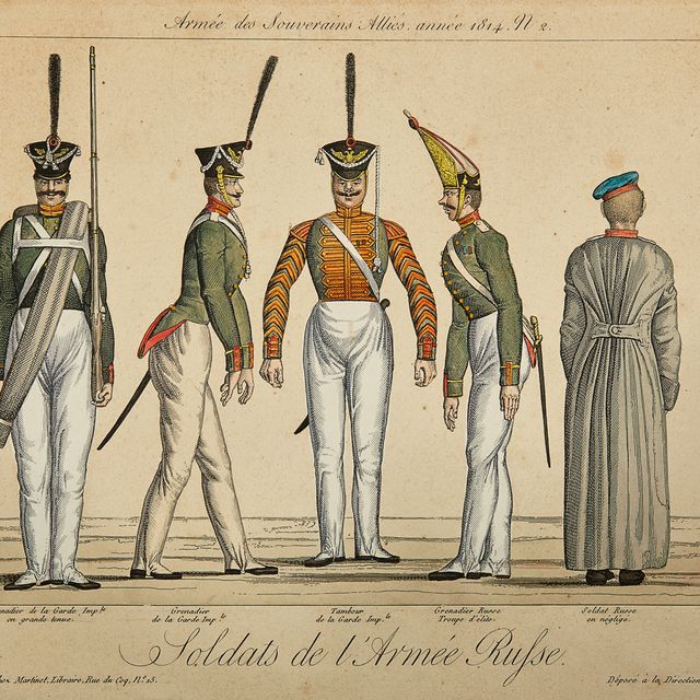 French School — Армия суверенных союзников. Год 1814: Офицеры русской армии, № 1 и солдаты русской армии, № 2.