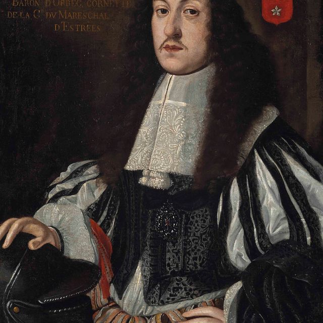 French School — Портрет Жана дю Мерля, барона д'Орбека (1603-1651), в полный рост, в черном расшитом камзоле с разрезанными рукавами