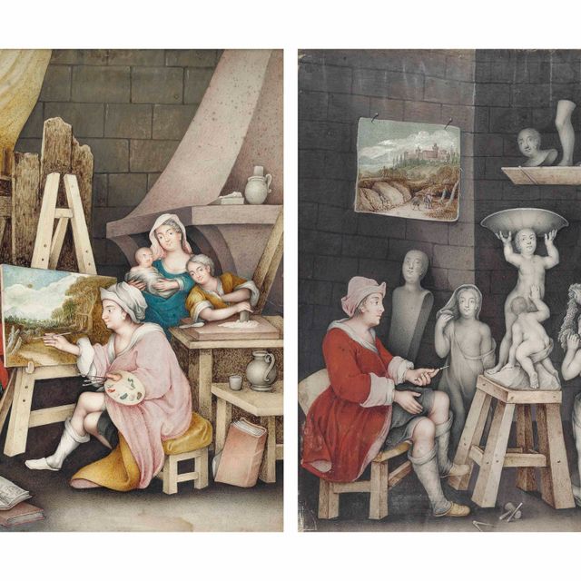 French School — Художник, рисующий в студии, и художник, занимающийся скульптурой в студии