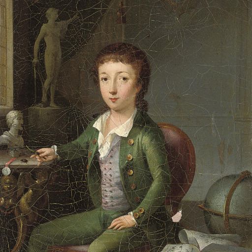 French School — Портрет графа Пьера-Франсуа-Мари-Огюста Дежана (1780-1845), одиннадцатилетнего, небольшого роста, в зеленом костюме, сидящего у стола с классическими бюстами, в правой руке гладиолус, в левой - книга по ботанике.
