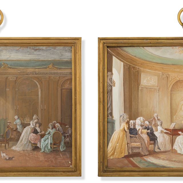 French School — Две сцены в элегантном интерьере: концерт и игра в карты