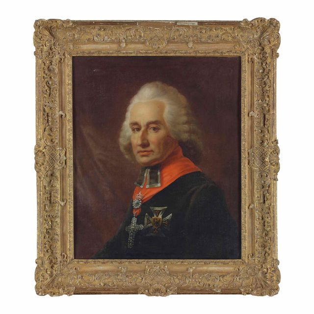 Friedrich — Портрет рейхсфюрера Фридриха Карла Йозефа фон Эрталя (1719-1802), принца-курфюрста и архиепископа Майнцского, в полный рост, в черном плаще с орденом в виде креста и бриллиантовой подвеской в виде креста, на фоне задрапированного занавеса