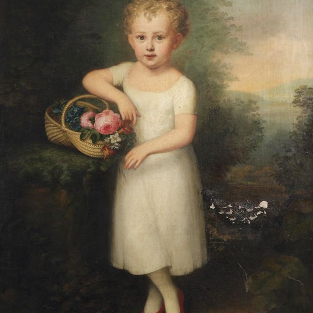 Friedrich — Портрет Агнес Графин цу Ранцау (1803-1884), в полный рост, в белом платье, с корзиной цветов в руках, стоящей в саду