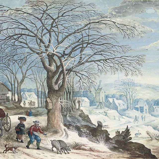 Friedrich — Зимний пейзаж с путешественниками и свинопасом на берегу озера, деревней и церковью за ней.