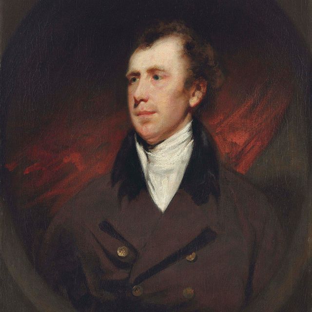 George Chinnery — Портрет Роберта Фуллертона, губернатора Пенанга и первого губернатора поселений в проливе, в полный рост, в коричневом пальто с белой подкладкой