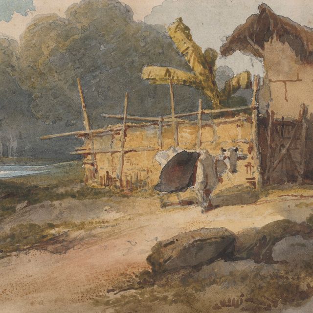 George Chinnery — Хижина у реки с коровой, Бенгалия