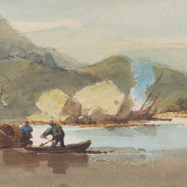 George Chinnery — Джонки и лодки-танки в бухте, с выброшенным на берег барахлом и костром для приготовления пищи за ним